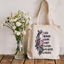 Load image into Gallery viewer, 'I like Murder Shows, Comfy Clothes and Maybe 3 People' Tote bag with Skull design