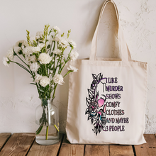 Load image into Gallery viewer, &#39;I like Murder Shows, Comfy Clothes and Maybe 3 People&#39; Tote bag with Skull design
